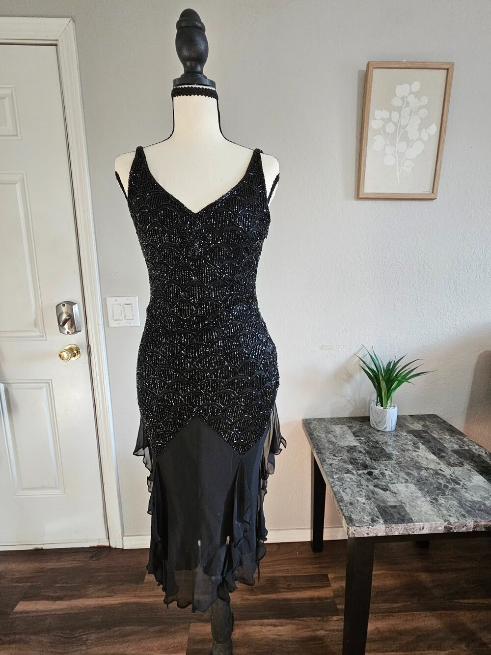 WHBM White House Black Market Black Beaded Silk Flapper Dress Size 2